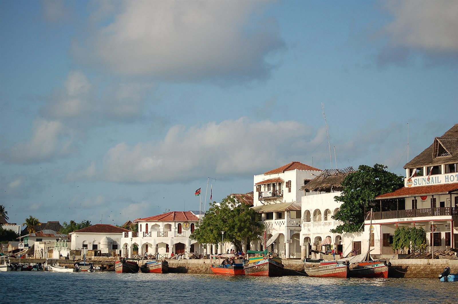 Historic Lamu waterfront and traditional boats